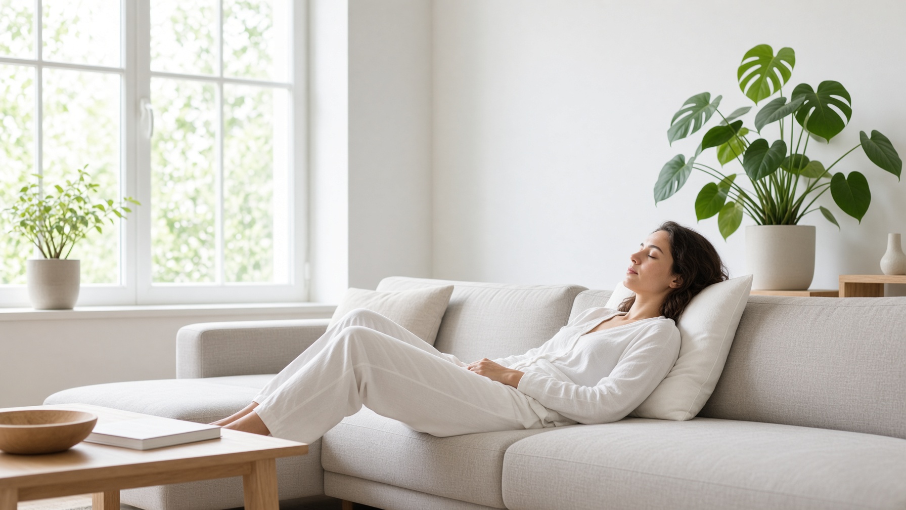 A person resting on a sofa in a bright modern room, alone, fully clothed