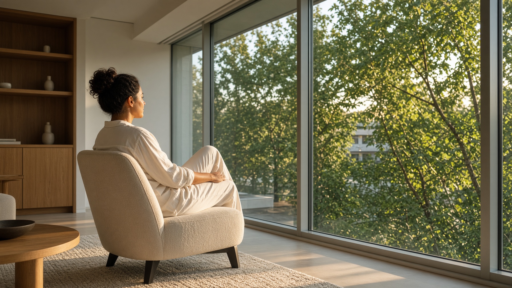 A person in white sitting by a modern window, green trees outside