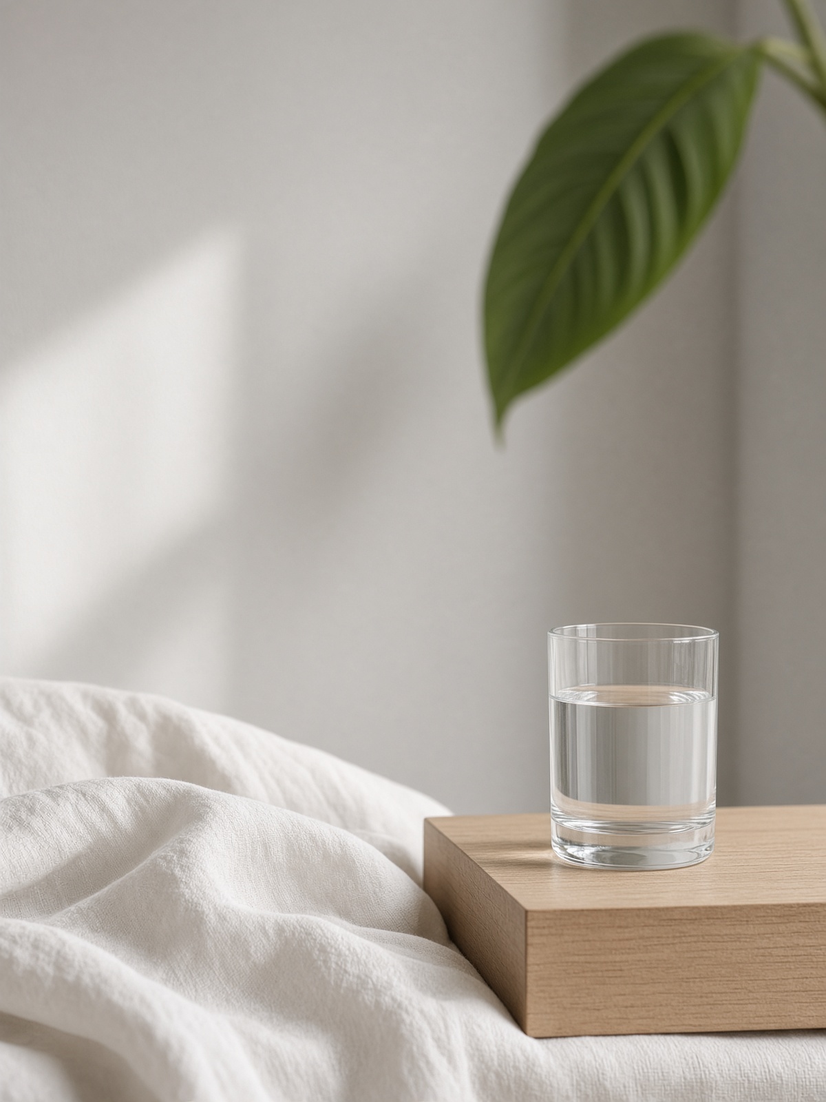 Daylight on white linen, a glass of water and a green leaf